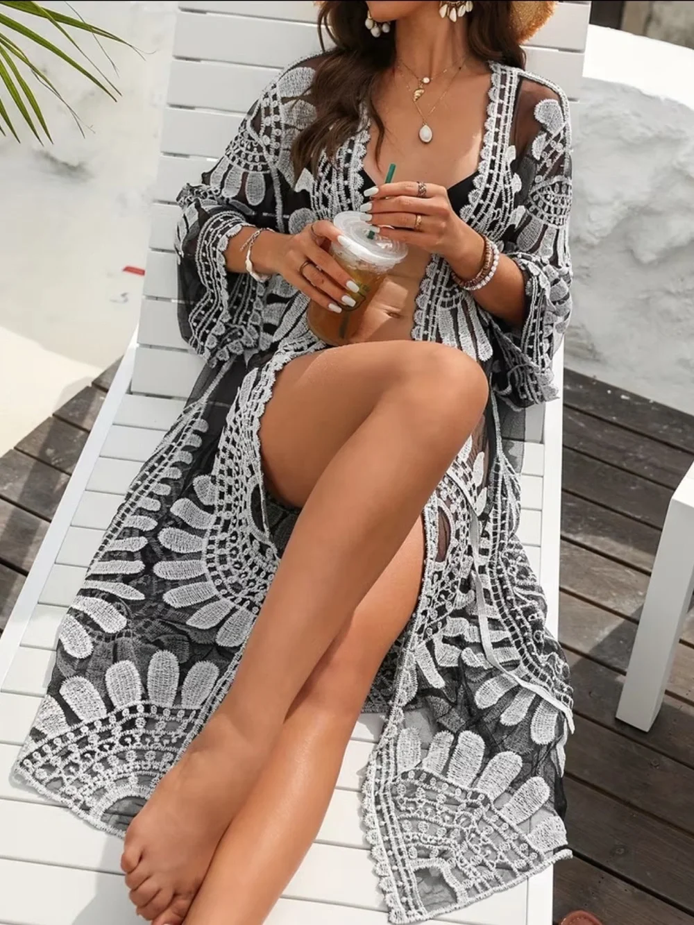 Black & White Lace Crochet Swim Cover-Up Kimono